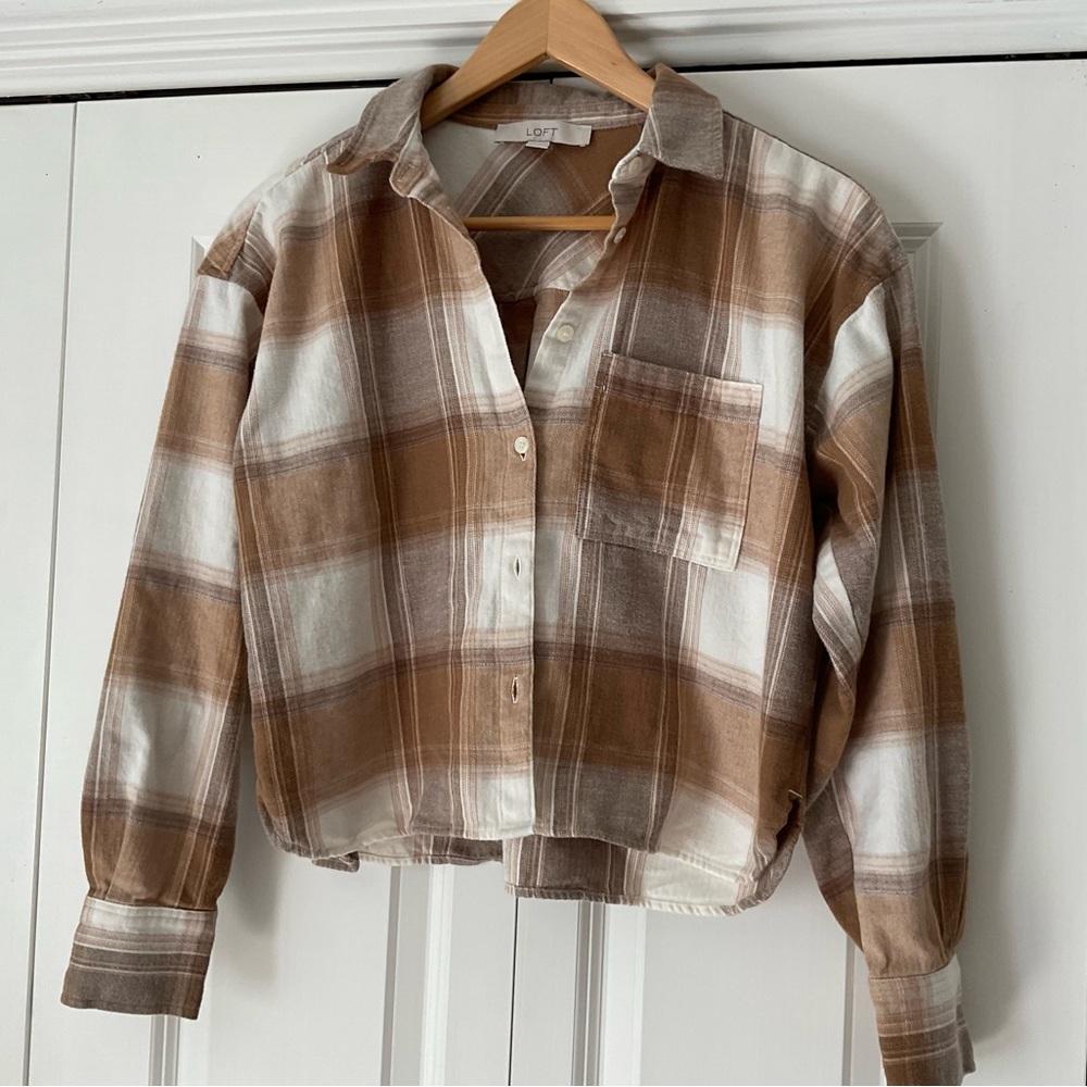 LOFT Tan and Cream Plaid Shirt